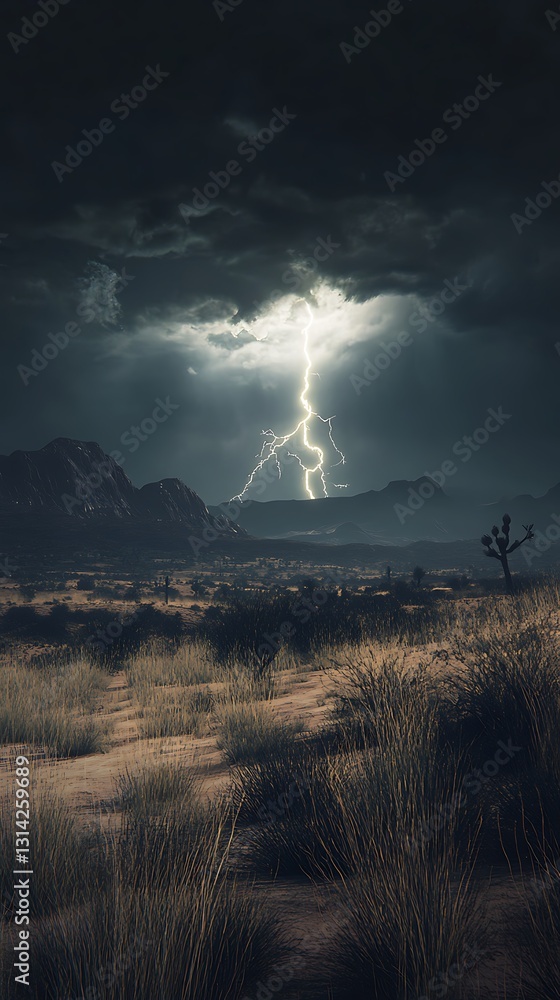 Fototapeta premium A dramatic landscape featuring a lightning strike illuminating a dark, stormy sky.