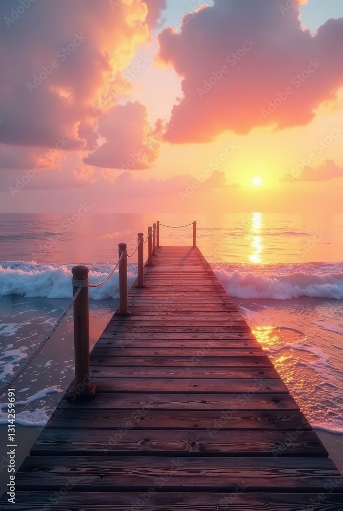 Fototapeta premium Serene Sunset Over the Ocean Wooden Dock Extending into Calm Waves at Golden Hour