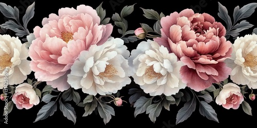 Fototapeta Naklejka Na Ścianę i Meble -  Seamless vintage floral pattern peonies roses dark background watercolor design for textiles interior wallpaper