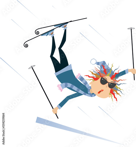 Winter sport. Skiing woman. 
Falling down skier woman. Isolated on white background
