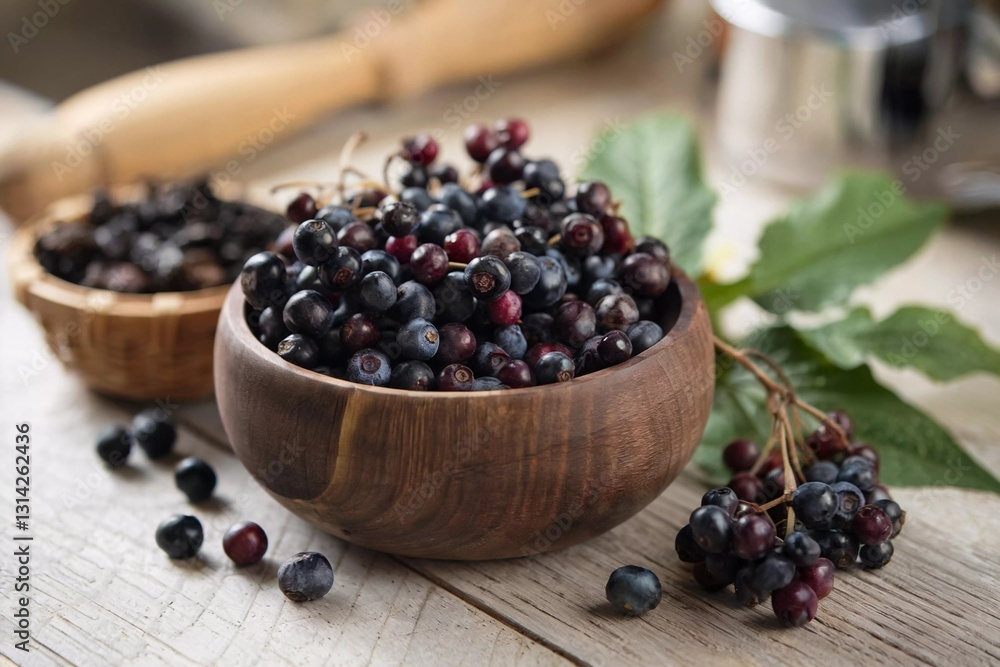 Freshly harvested berries in wooden bowls on a rustic kitchen counter Freshly harvested berries in wooden bowls on a rustic kitchen counter