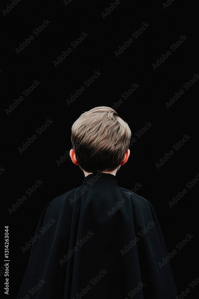 Child looking upward against black backdrop Child looking upward against black backdrop