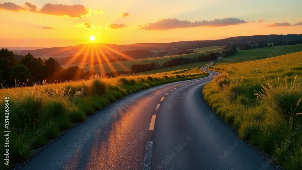Fototapeta premium Serene Sunset Drive on a Winding Country Road, Golden Hour Landscape Photography
