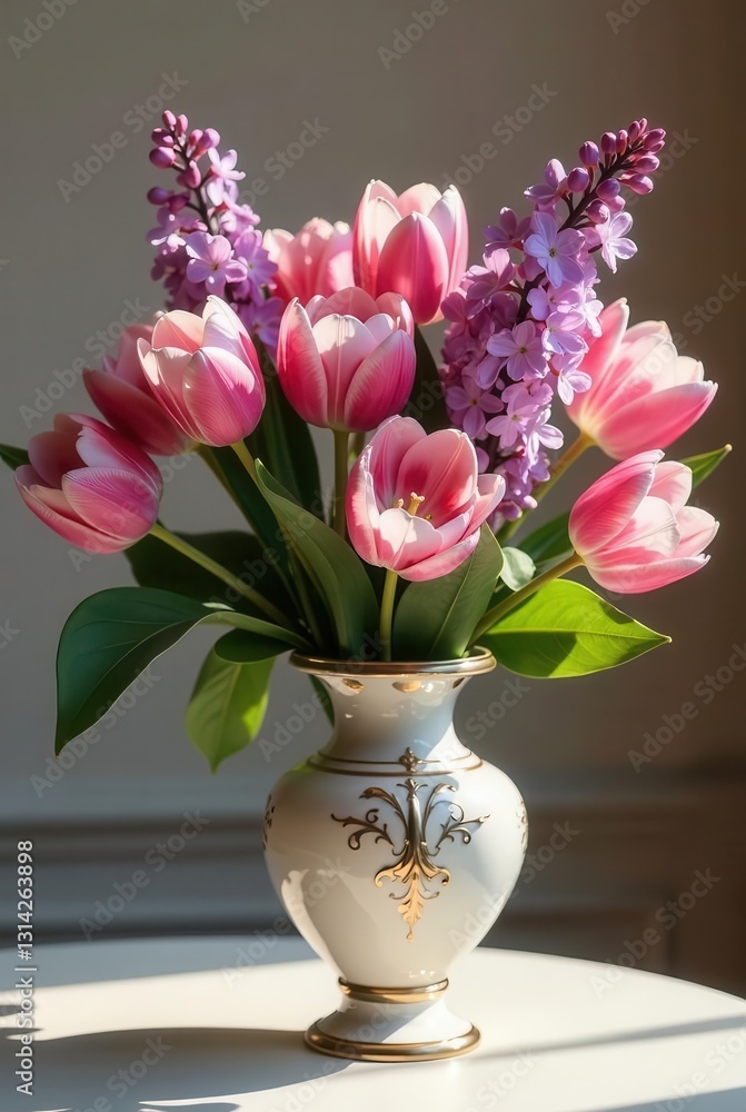 Obraz premium Sunlit Bouquet of Pink Tulips and Lilac in an Ornate Vase on a Table