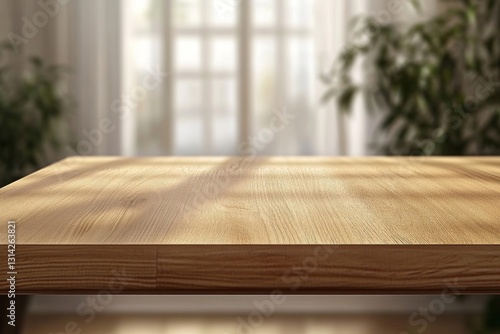 Wooden table top on blur sunlight background. Perfect for showcasing products or as a neutral base for designs. High quality photo