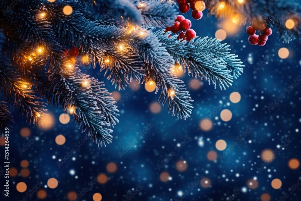 custom made wallpaper toronto digitalChristmas Background with Pine Branches Berries Fairy Lights Dark Blue and Golden Decor Holiday