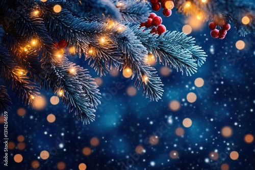 Wallpaper Mural Christmas Background with Pine Branches Berries Fairy Lights Dark Blue and Golden Decor Holiday Torontodigital.ca