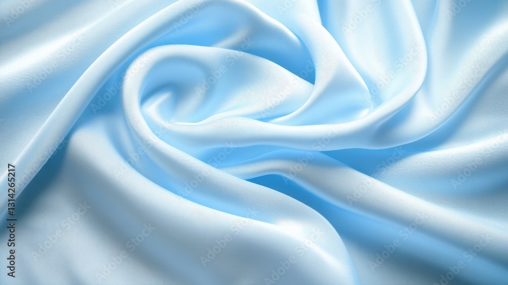 Fototapeta premium Soft blue satin fabric elegantly draped, showcasing smooth texture and gentle folds in a serene setting