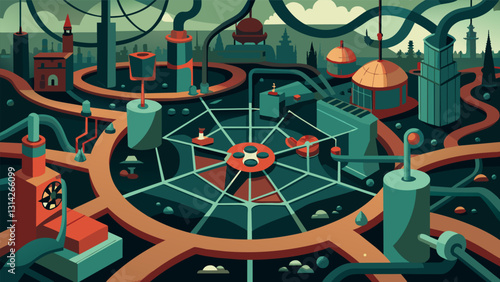 The intricate web of equipment and structures seems to cover every inch of land a disorganized and industrial maze.. Vector illustration