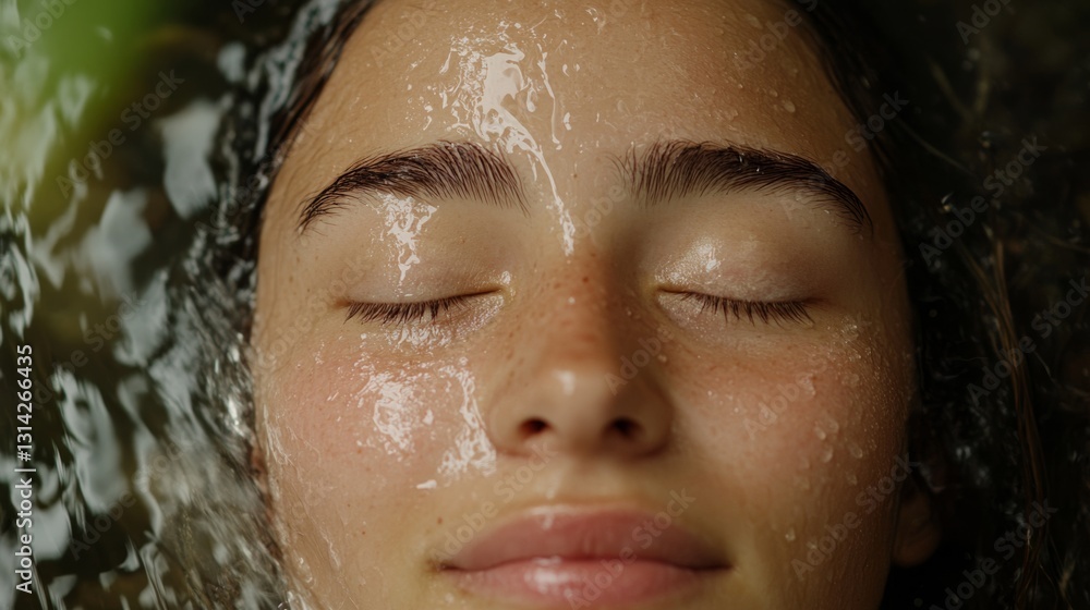A serene woman with closed eyes relaxes under a gentle natural waterfall, water cascading over her face, embodying tranquility and harmony with nature. A serene woman with closed eyes relaxes under a gentle natural waterfall, water cascading over her face, embodying tranquility and harmony with nature.