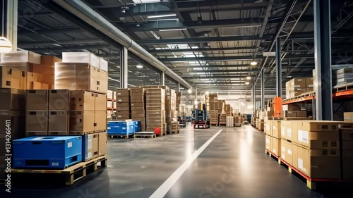 Wallpaper Mural Wide-angle shot of a spacious warehouse with stacked boxes and industrial lighting, capturing a dynamic, organized atmosphere for a video setting. Torontodigital.ca