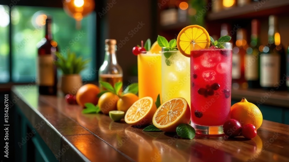 Fototapeta premium Refreshing summer beverages at a bar setting with citrus fruits and berries