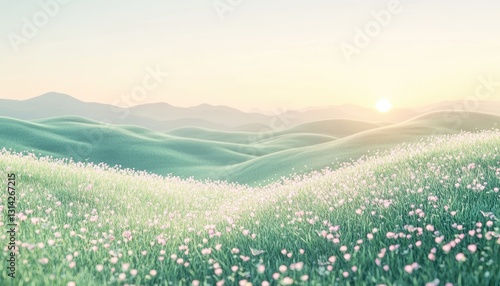 A serene landscape featuring rolling hills and blooming wildflowers in a field