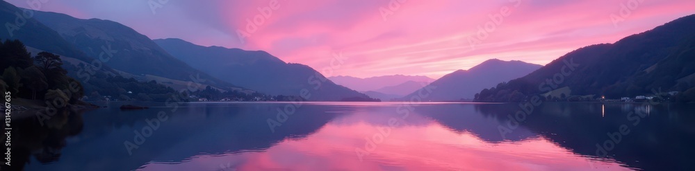 Fototapeta premium Soft pink dawn hues paint Keswick's sky, reflecting on Derwentwater , ambient, morning light, reflection