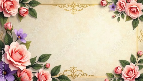 Fototapeta Naklejka Na Ścianę i Meble -  Elegant floral border design with pink roses and purple flowers on antique parchment paper background, perfect for invitations, announcements, or decorative purposes.