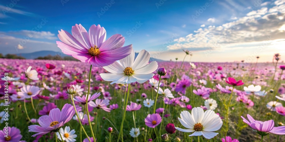 Vast field of cosmos flowers with delicate purple and white petals stretching towards the sky , wildflowers, cosmos flower fields beautiful Vast field of cosmos flowers with delicate purple and white petals stretching towards the sky , wildflowers, cosmos flower fields beautiful