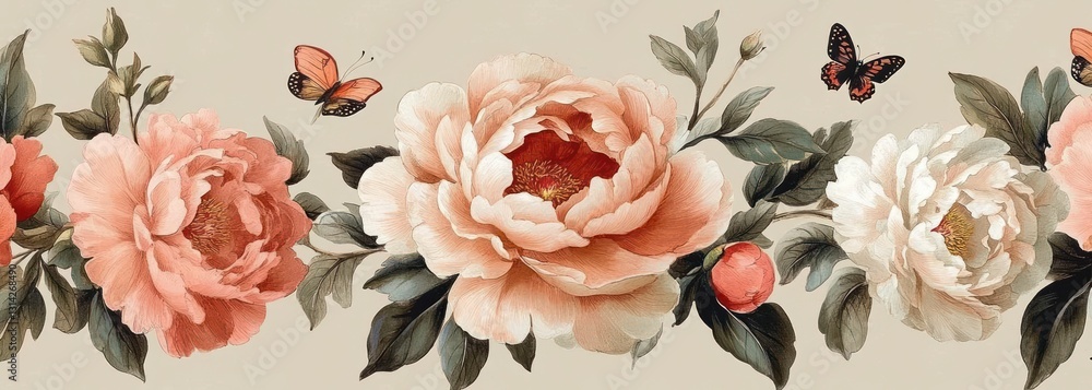 custom made wallpaper toronto digitalVintage Floral Pattern with Peonies and Butterflies in Watercolor for Wallpaper and Textiles Design