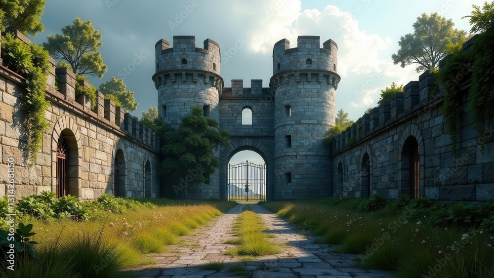 Stone Gateway to a Secluded Estate with Ancient Walls and Lush Greenery Stone Gateway to a Secluded Estate with Ancient Walls and Lush Greenery