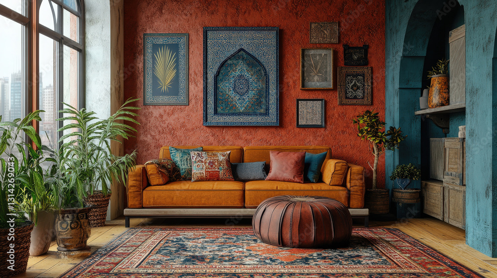 Fototapeta premium Eclectic Global Living Space. A stylish living room features global design elements, including ethnic prints, an orange sofa, patterned carpet, and plants creating a cozy interior.