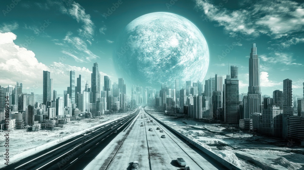 Fototapeta premium Futuristic city highway, large moon, barren landscape