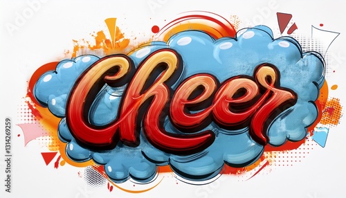 낙서 스타일의 CHEER 손글씨와 주변을 감싸는 구름 장식
