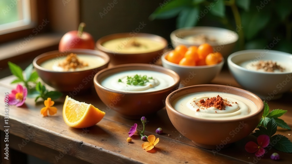 Gourmet Creamy Dips Assortment with Fruit and Herbs in Rustic Bowls on Wooden Table Gourmet Creamy Dips Assortment with Fruit and Herbs in Rustic Bowls on Wooden Table