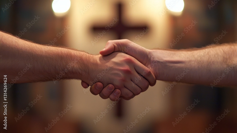 Two hands shaking with a cross in the background, symbolizing reconciliation. Two hands shaking with a cross in the background, symbolizing reconciliation.