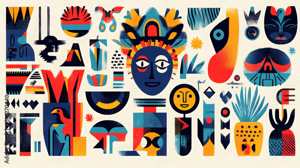 Fototapeta premium Geometric Cultural Mosaic. A colorful geometric collection featuring stylized masks, abstract shapes, and vibrant plants creates a lively and captivating visual narrative.