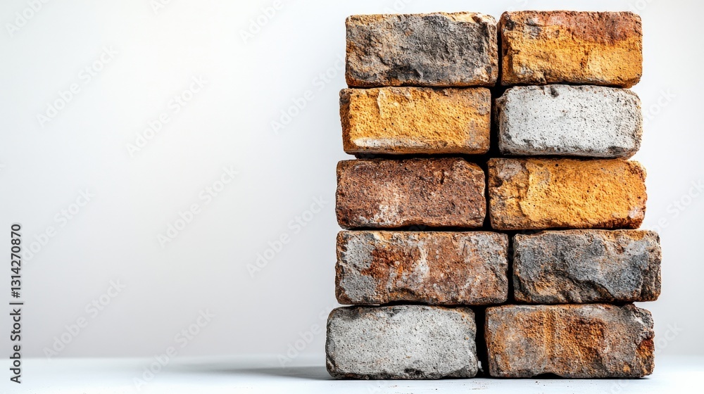 Obraz premium Stacked bricks in various shades of orange and gray against a minimalist white background