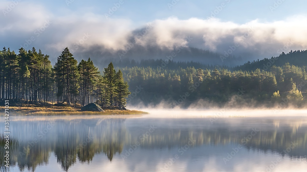 Fototapeta premium Misty morning lake reflecting trees and mountains.