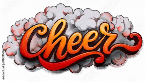 낙서 스타일의 CHEER 손글씨와 주변을 감싸는 구름 장식