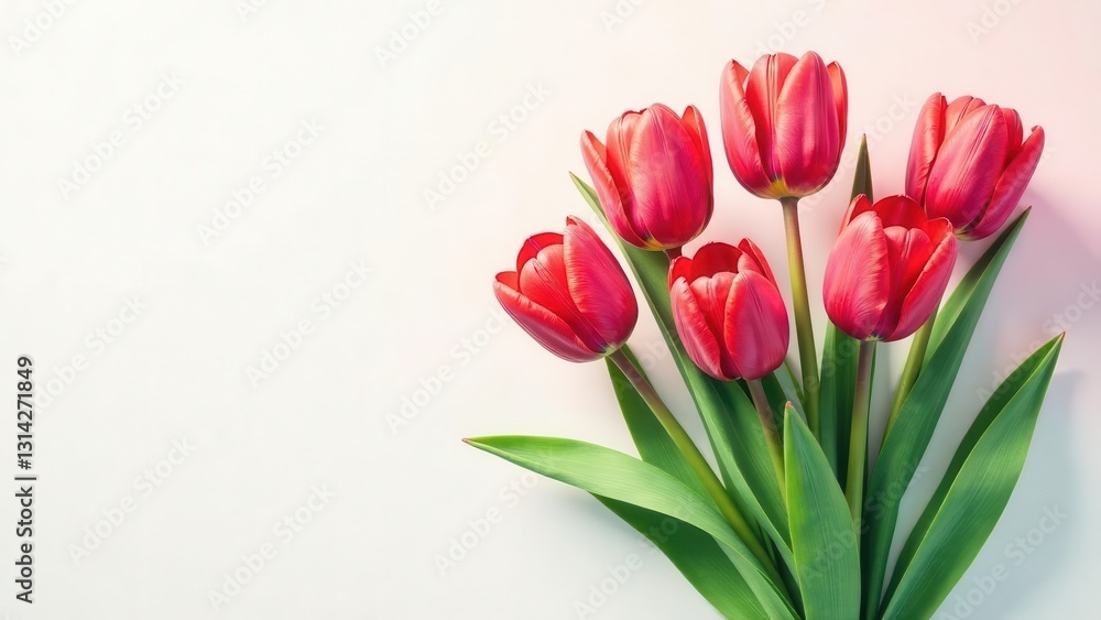 A vibrant cluster of crimson tulips, elegantly arranged against a soft white backdrop, creates a captivating image perfect for springtime celebrations and expressions of affection. A vibrant cluster of crimson tulips, elegantly arranged against a soft white backdrop, creates a captivating image perfect for springtime celebrations and expressions of affection.