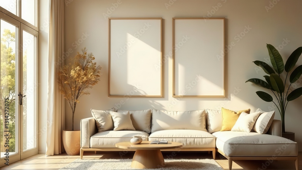 Fototapeta premium Sunlit Living Room with Neutral Decor and Empty Frames for Artwork