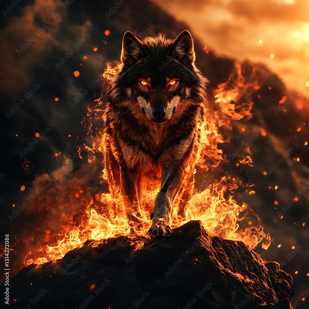 Fiery wolf emerging from volcanic rocks, glowing eyes, dramatic sunset. Fiery wolf emerging from volcanic rocks, glowing eyes, dramatic sunset.