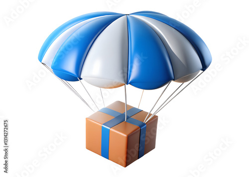 A Gift Package Gently Descends, Carried By A Vibrant Blue And White Parachute Against A Bright Isolated on Transparent Background, Symbolizing Safe And Exciting Delivery