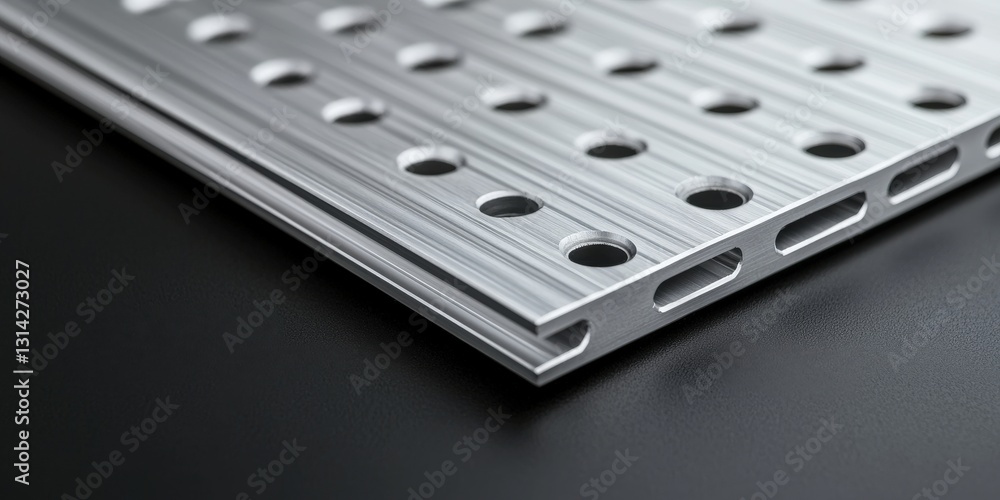 material science alloys concept. Metal plate with holes on a dark surface. material science alloys concept. Metal plate with holes on a dark surface.