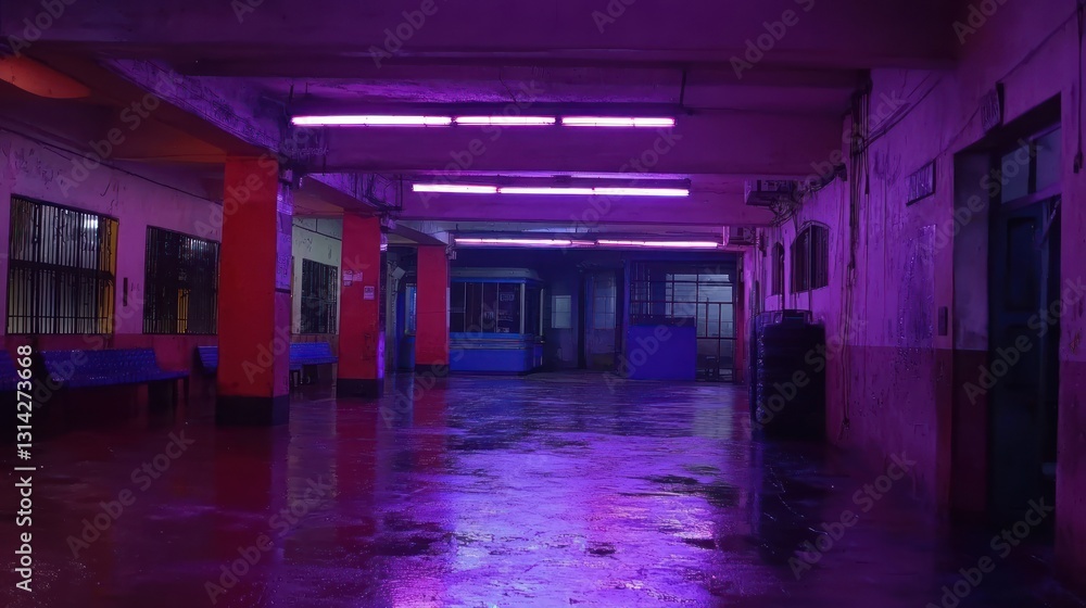 Purple Neon Hallway, Abandoned Building, Night Purple Neon Hallway, Abandoned Building, Night