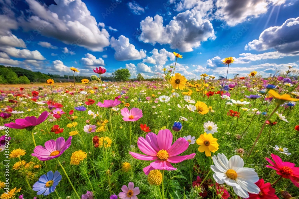A Vibrant Summer Meadow Explodes With Color, Showcasing A Breathtaking Array Of Wildflowers Under A Brilliant Blue Sky Dotted With Fluffy White Clouds