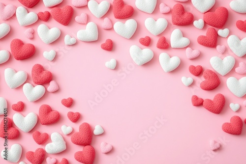 Colorful Heart Shapes on Pastel Pink Background for Love and Celebration