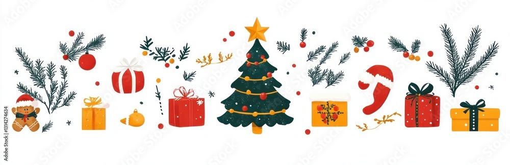 Christmas Icon Set with Tree, Gift, Gingerbread, Snowman, Bell, Candle, Ornaments, Holiday Decorations Christmas Icon Set with Tree, Gift, Gingerbread, Snowman, Bell, Candle, Ornaments, Holiday Decorations