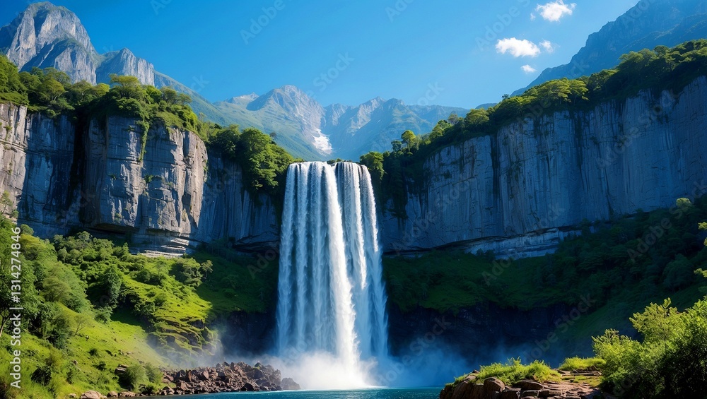 Naklejka premium A serene waterfall amidst lush greenery and mountains