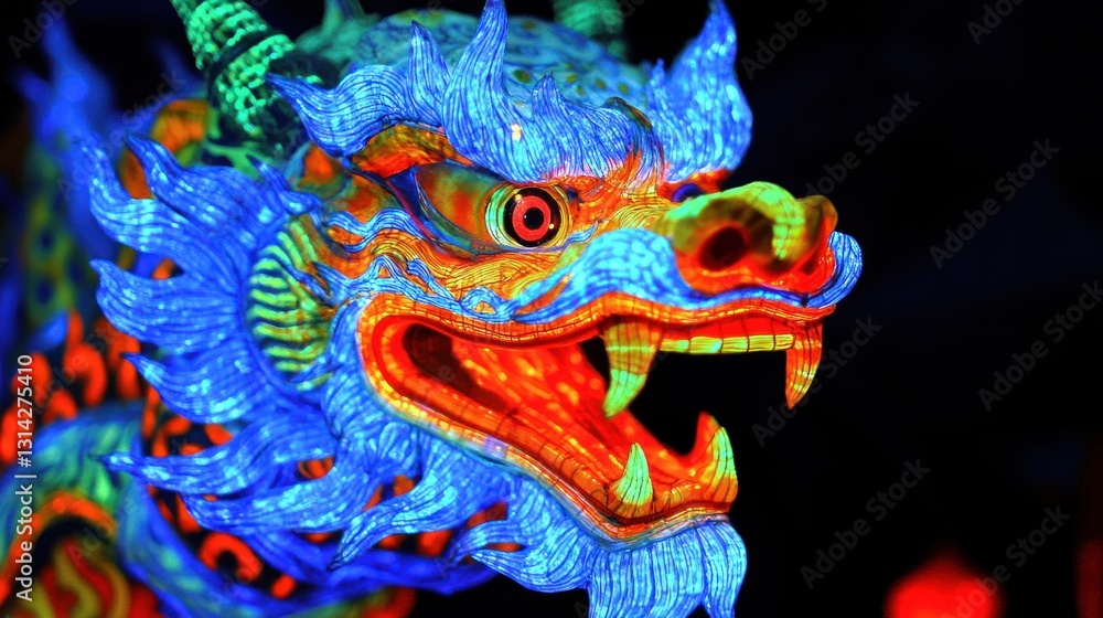 Naklejka premium Illuminated Dragon Dance Head, Night Festival