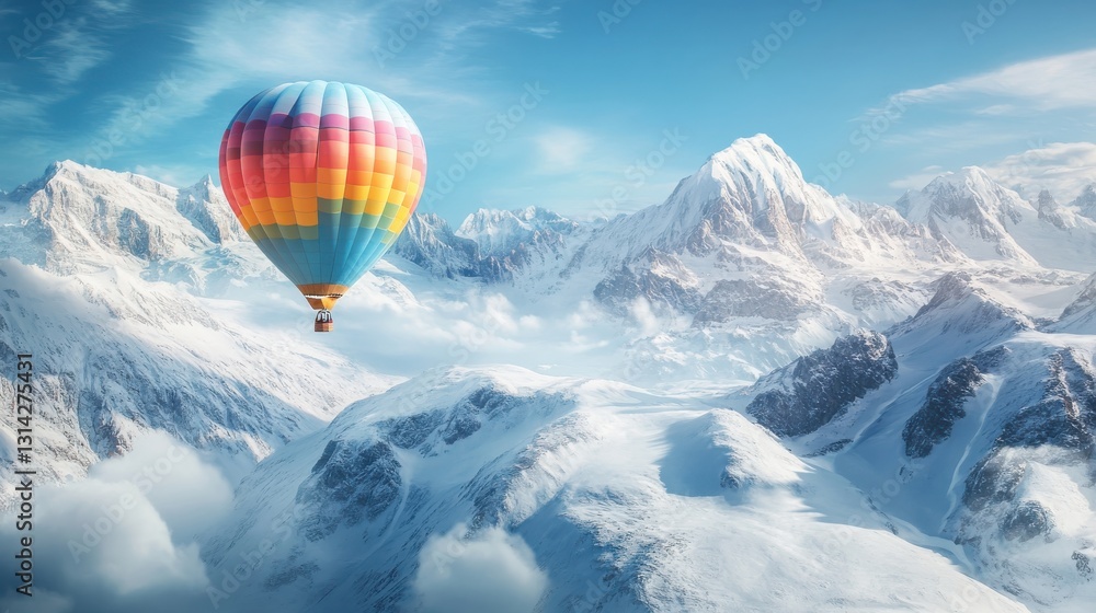 Colorful Hot Air Balloon Soaring Over Snow-Capped Mountains with Clear Blue Sky and Soft Clouds Below Colorful Hot Air Balloon Soaring Over Snow-Capped Mountains with Clear Blue Sky and Soft Clouds Below