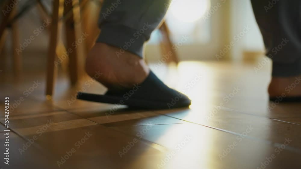 A person wearing gray sweatpants and dark slippers walks across a wooden floor, illuminated by soft morning light. The warm atmosphere highlights a cozy home environment A person wearing gray sweatpants and dark slippers walks across a wooden floor, illuminated by soft morning light. The warm atmosphere highlights a cozy home environment