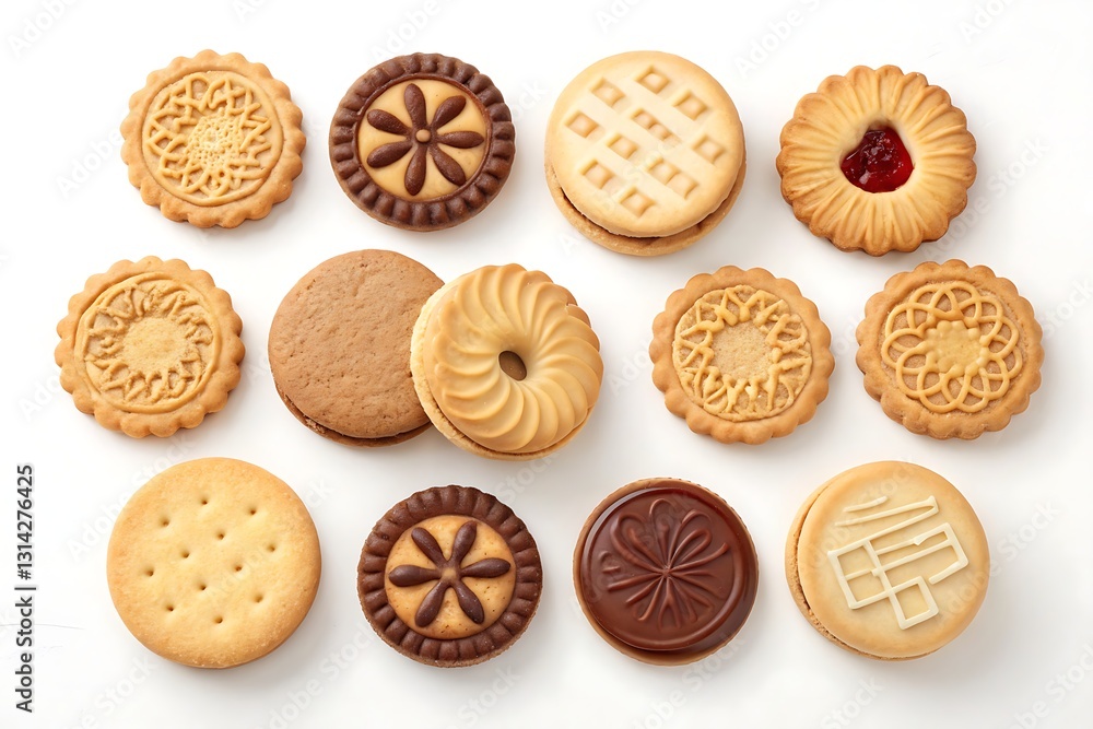 A collection of assorted round cookies and biscuits, featuring classic, nut-filled, and decorative designs on a white background. A collection of assorted round cookies and biscuits, featuring classic, nut-filled, and decorative designs on a white background.