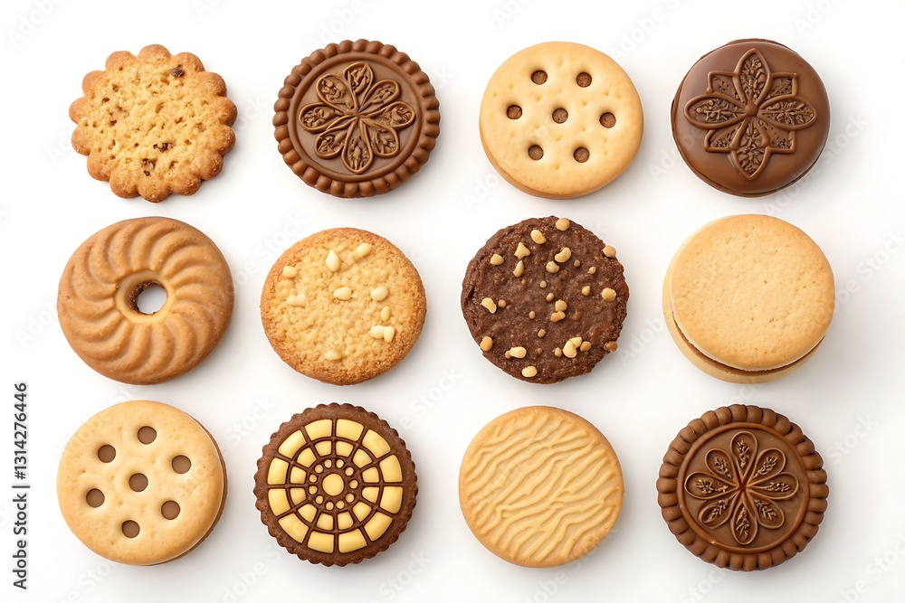 A collection of assorted round cookies and biscuits, featuring classic, nut-filled, and decorative designs on a white background. A collection of assorted round cookies and biscuits, featuring classic, nut-filled, and decorative designs on a white background.