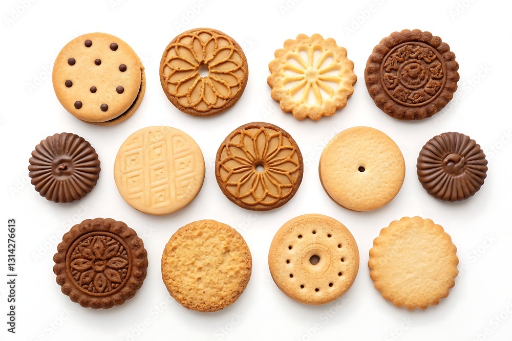 A collection of assorted round cookies and biscuits, featuring classic, nut-filled, and decorative designs on a white background. A collection of assorted round cookies and biscuits, featuring classic, nut-filled, and decorative designs on a white background.