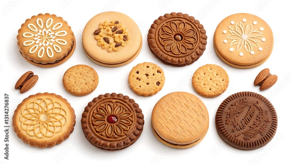 A collection of assorted round cookies and biscuits, featuring classic, nut-filled, and decorative designs on a white background. A collection of assorted round cookies and biscuits, featuring classic, nut-filled, and decorative designs on a white background.