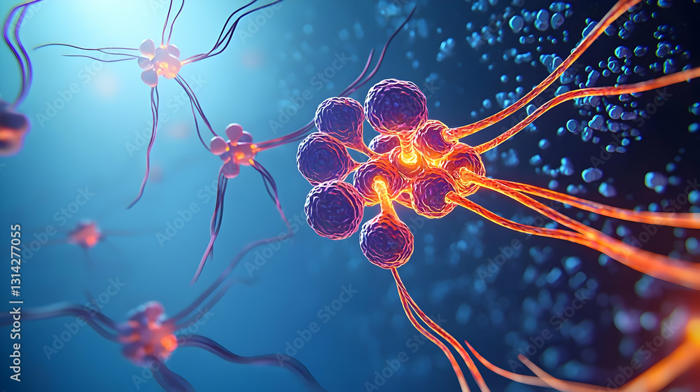 Fototapeta premium Pixelated Neurons Firing Synaptic Signals Across a Microscopic Neural Network with Blue and Pink Hues Depicting a Complex Biological Process within