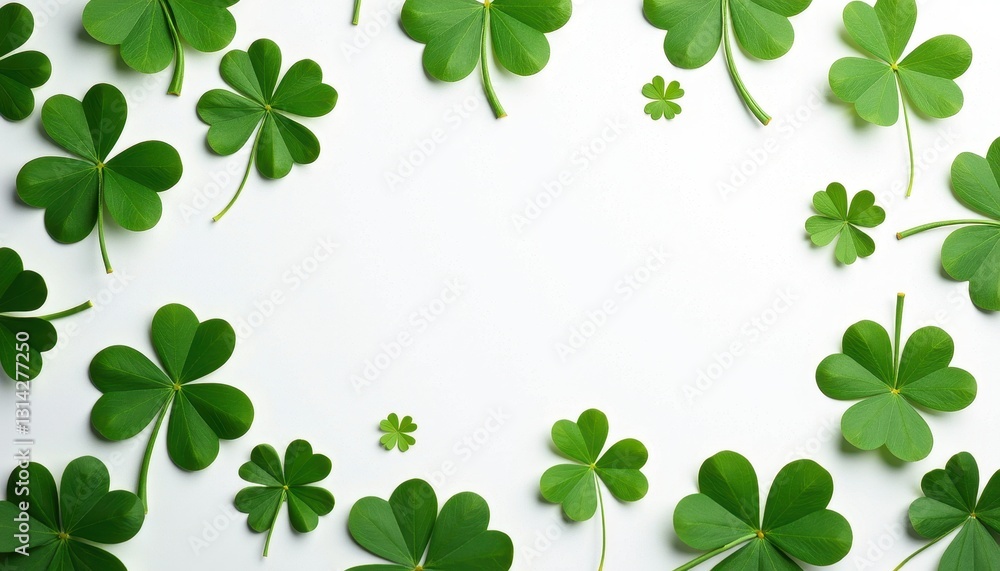 St. Patrick's Day Green Clovers Artwork: Vibrant Symmetry on White Background. A group of green clover leaves on a white surface. St. Patrick's Day Green Clovers Artwork: Vibrant Symmetry on White Background. A group of green clover leaves on a white surface.